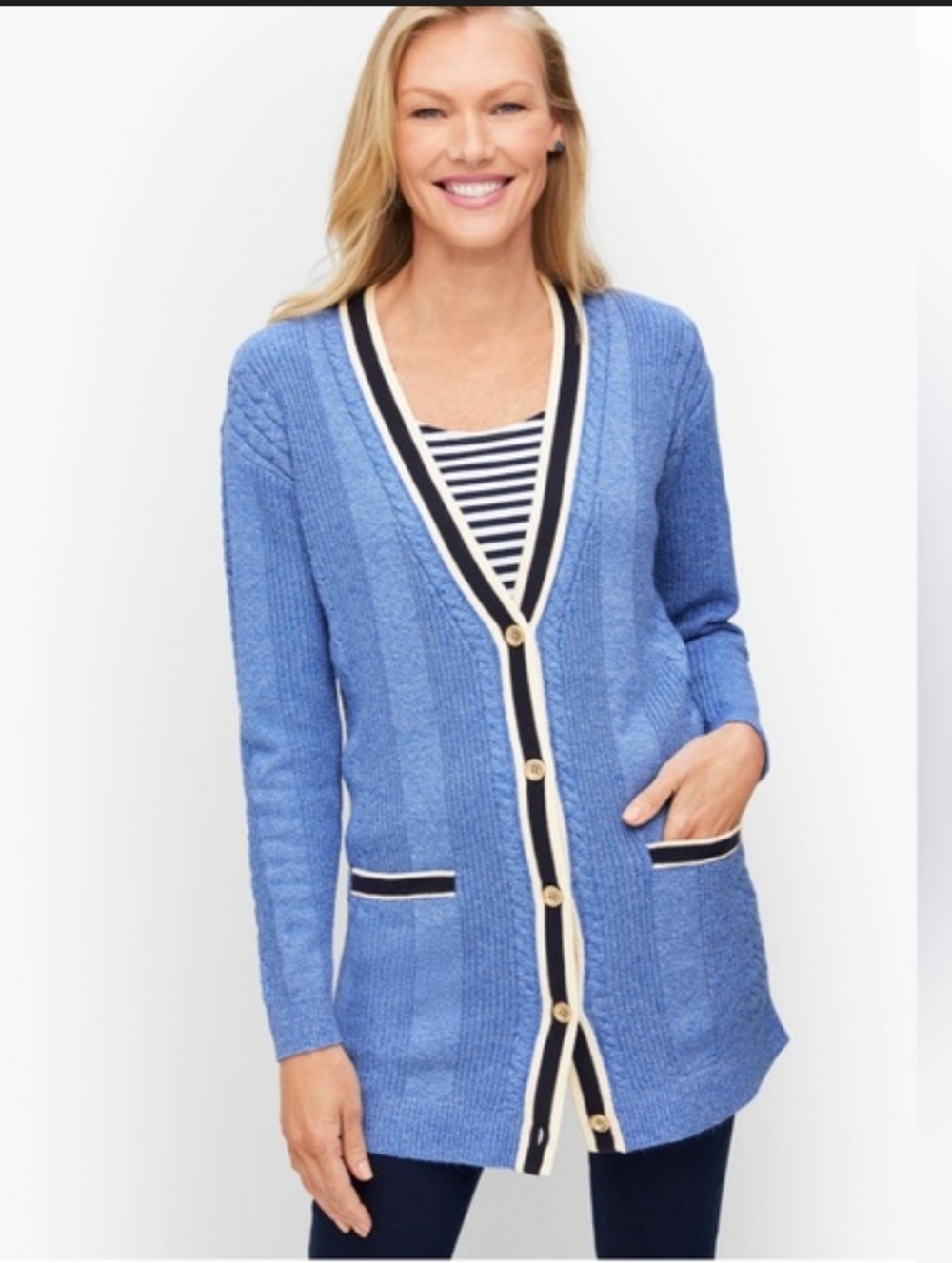 TALBOTS Cable Knit Cardigan - Tipped Baby Blue Size Small Petite